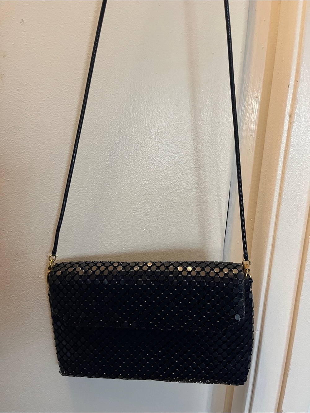 La Regale Vintage Black Sequin Crossbody Bag with Gold Accents